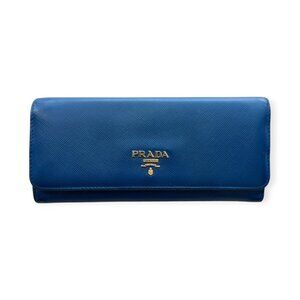 Authentic Prada Blue Saffiano Leather Continental Wallet